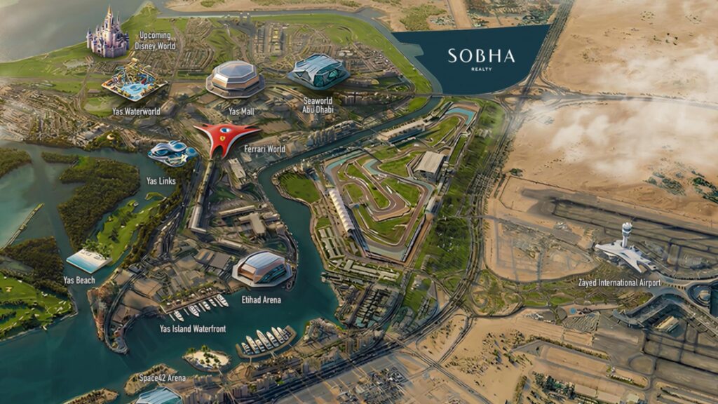 A detailed aerial view of Yas Island in Abu Dhabi shows landmarks such as Ferrari World, Yas Marina Circuit, River Cove Residences, Etihad Arena, Yas Waterworld, Disney World, and Yas Beach, with Zayed International Airport nearby.