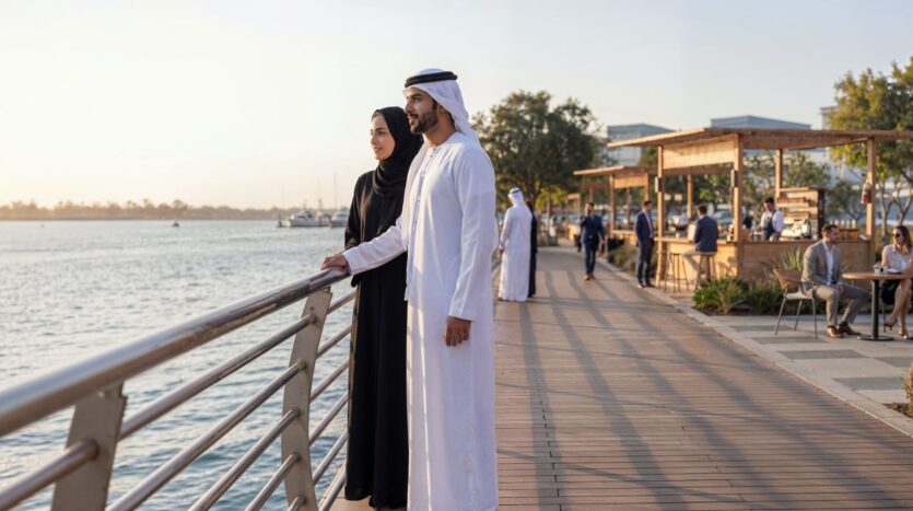 A man and a woman wearing traditional Middle Eastern clothing are standing near a railing on the River Cove Residences waterfront promenade, looking out at the water. In the background, people are sitting at outdoor cafes under a clear sky.