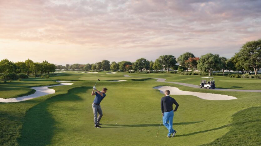 Zwei Personen befinden sich bei Sonnenuntergang auf dem Golfplatz „The Orchard by Sobha“. Eine von ihnen schlägt den Ball, während die andere die Szene beobachtet. Unter einem teilweise bewölkten Himmel sind Sandbunker, grünes Gras, Bäume und ein Golfcart zu sehen.