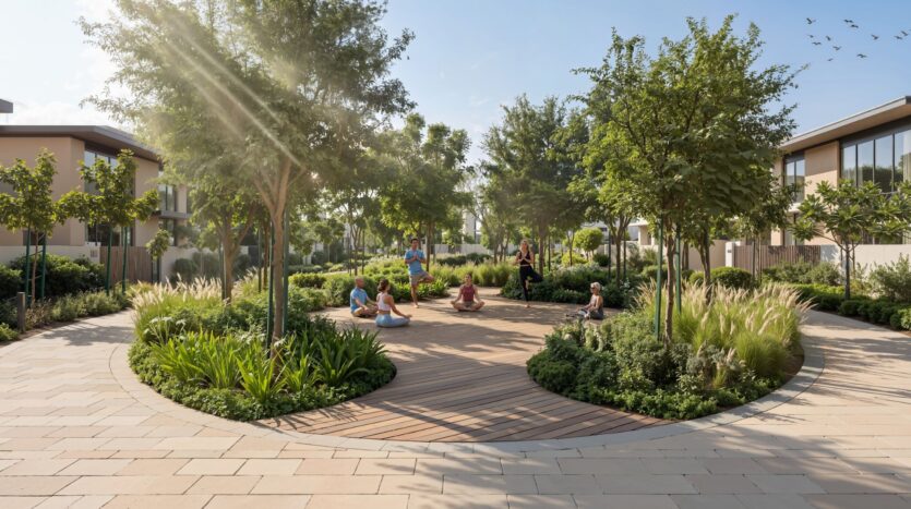 Eine Gruppe von Menschen sitzt und steht auf einer runden Holzplattform, umgeben von Grünflächen und Bäumen, im „The Orchard by Sobha“, einem landschaftlich gestalteten Park mit modernen Gebäuden im Hintergrund, an einem sonnigen Tag.