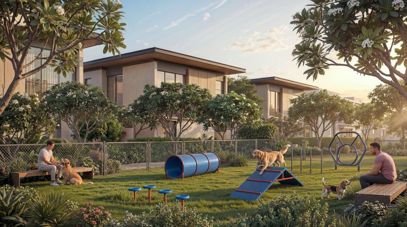 Ein eingezäunter Hundepark in einem Wohnviertel von „The Orchard by Sobha“ mit Bäumen, Agility-Hindernissen und zwei Personen auf Bänken, während mehrere Hunde auf dem Rasen spielen. Im Hintergrund sind unter einem klaren Himmel moderne Häuser zu sehen.