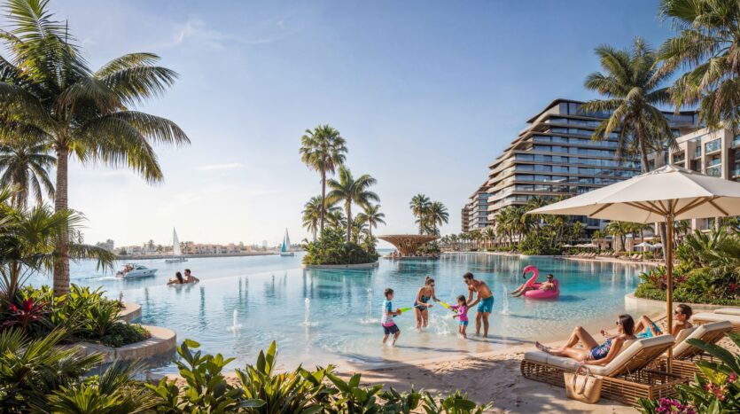 Familien und Freunde genießen den tropischen Pool im „The Orchard by Sobha“ mit Palmen, Liegestühlen und modernen Gebäuden. Einige entspannen sich unter Sonnenschirmen, während andere schwimmen und auf Schwimmreifen spielen. Im Hintergrund ist ein Boot zu sehen.