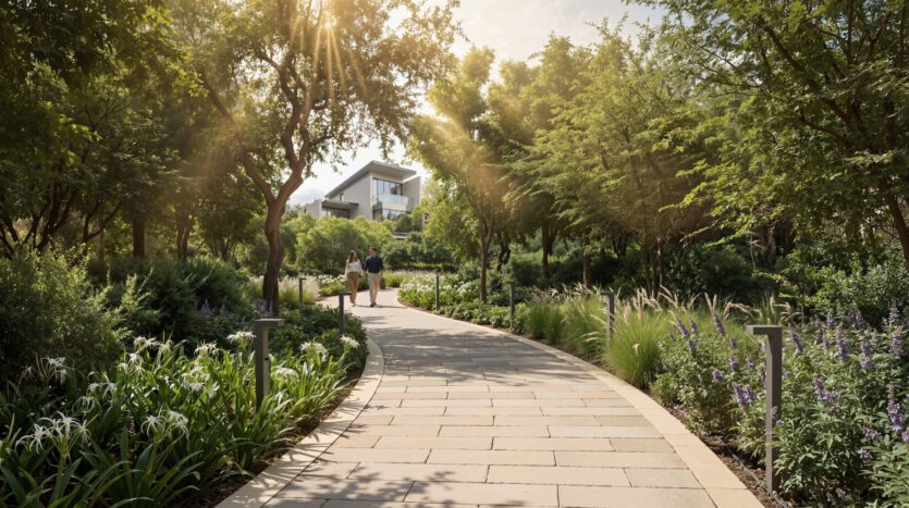Eine sonnige Gartenallee, gesäumt von üppigem Grün und blühenden Pflanzen, führt zu einem modernen Haus von „The Orchard by Sobha“. Zwei Personen spazieren unter den Bäumen die Allee entlang.