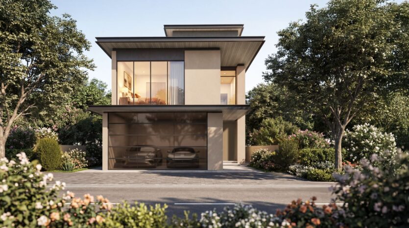 Modernes zweistöckiges Haus mit großen Fensterfronten, Flachdach und einer eleganten Garage in „The Orchard by Sobha“. Umgeben von üppiger Vegetation, blühenden Sträuchern und Bäumen bietet das Haus Platz für zwei Autos in der Garage und verfügt über eine gepflasterte Auffahrt, die zur Straße führt.