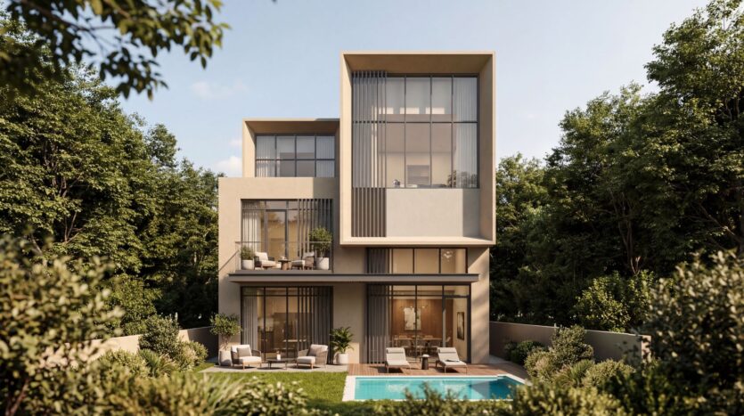 Modernes dreistöckiges Haus in „The Orchard by Sobha“ mit großen Panoramafenstern, Entspannungsbereichen im Freien und einem Pool in einem gepflegten Garten, umgeben von Bäumen unter strahlend blauem Himmel.