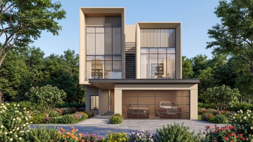 Ein modernes zweistöckiges Haus in „The Orchard by Sobha“ verfügt über große Fensterfronten, kubische Designelemente und eine Garage für zwei Autos – all dies umgeben von üppiger Vegetation, bunten Blumen und Bäumen unter freiem Himmel.