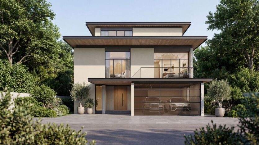 Ein modernes zweistöckiges Haus mit Flachdach, großen Fenstern, einer beigen Fassade, Holzakzenten und einem verglasten Garagentor, das Platz für zwei Autos bietet. „The Orchard by Sobha“ ist von Topfpflanzen, Sträuchern und Bäumen umgeben.