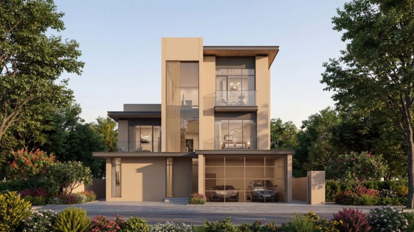 Ein modernes dreistöckiges Haus in „The Orchard by Sobha“ verfügt über große Fensterfronten, zwei Stellplätze in der Garage und eine üppige Gartenanlage mit grünen Bäumen und bunten Sträuchern, die das Grundstück umgeben.