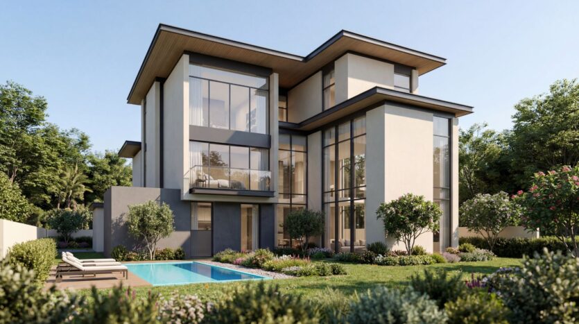 Modernes zweistöckiges Haus in „The Orchard by Sobha“ mit großen Panoramafenstern, umgeben von einem gepflegten Garten mit blühenden Pflanzen und Sträuchern. Im Hinterhof befinden sich ein rechteckiger Pool und Liegestühle, umgeben von Bäumen und unter einem klaren Himmel.