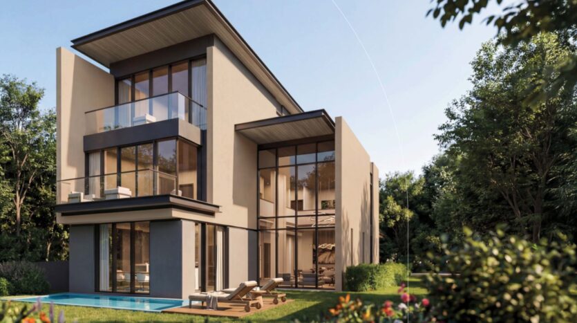 Modernes dreistöckiges Haus in „The Orchard by Sobha“ mit großen Fenstern und Balkonen, umgeben von üppiger Vegetation und einem gepflegten Rasen, mit einem kleinen Pool und Liegestühlen im Hinterhof für sonnige Tage.