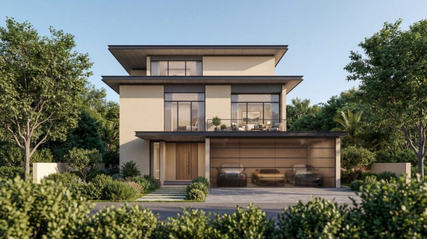 Modernes dreistöckiges Haus mit großen Fenstern, einem geräumigen Balkon und einer Doppelgarage mit Glastoren in „The Orchard by Sobha“. Umgeben von üppiger Vegetation und Bäumen verfügt es über eine gepflasterte Auffahrt und profitiert von einem klaren, sonnigen Himmel.