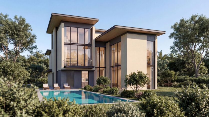Modernes zweistöckiges Haus in „The Orchard by Sobha“ mit großen, raumhohen Fenstern, umgeben von Bäumen und viel Grün, mit einem rechteckigen Pool und mehreren Liegestühlen im Hinterhof unter strahlend blauem Himmel.