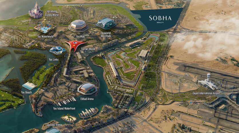 An aerial view showing the attractions of Yas Island in Abu Dhabi, including theme parks, hotels, the Yas Marina Circuit, Etihad Arena, the marina, sandy beaches, The Terraces by Sobha, and its proximity to Zayed International Airport.