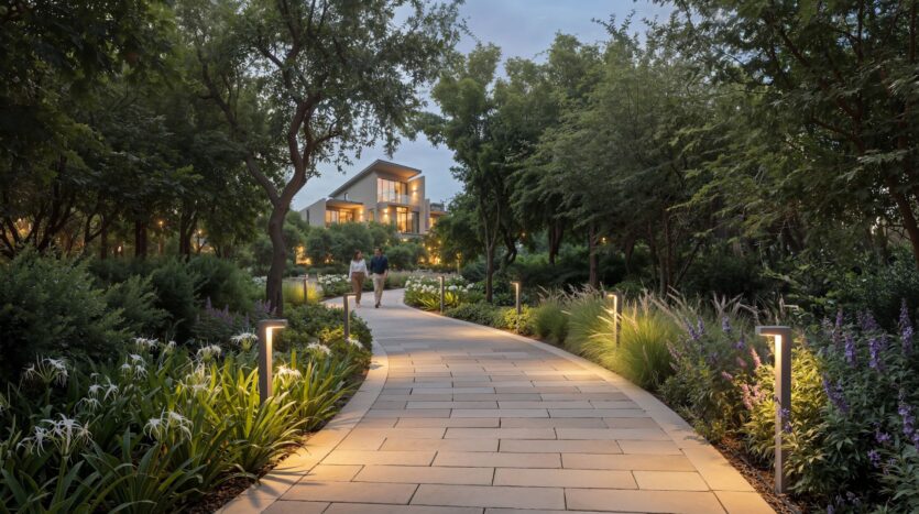 A paved path lined with garden lamps winds through lush greenery at The Terraces by Sobha, leading to a modern home. Two people are strolling along the path, surrounded by trees and flowering plants at dusk.