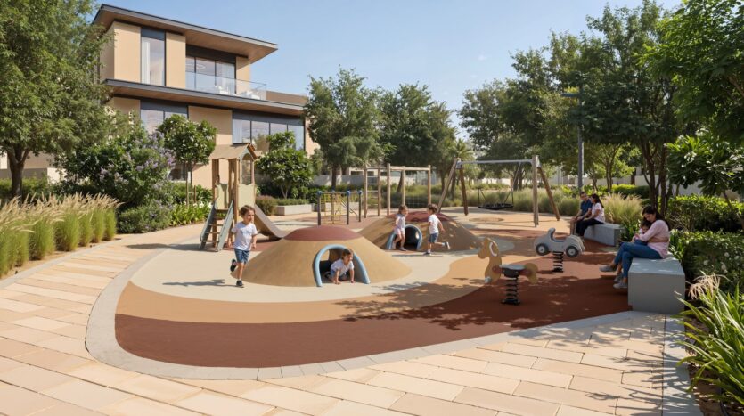 Children play on a modern playground featuring tunnels, climbing structures, swings, and spring-loaded slides, surrounded by greenery and trees at The Terraces by Sobha, with a residential building in the background under a clear sky.