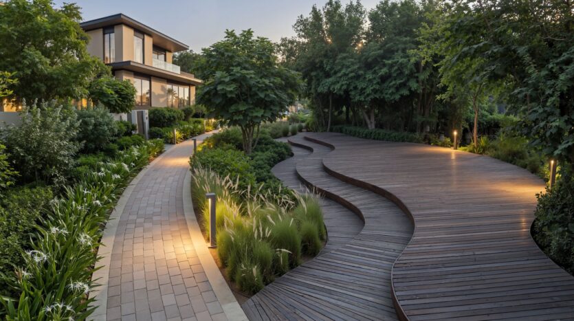 A modern home with large windows sits next to a landscaped garden at The Terraces by Sobha. Curved wooden and stone paths wind through lush greenery, illuminated by small ground lamps in the early evening.