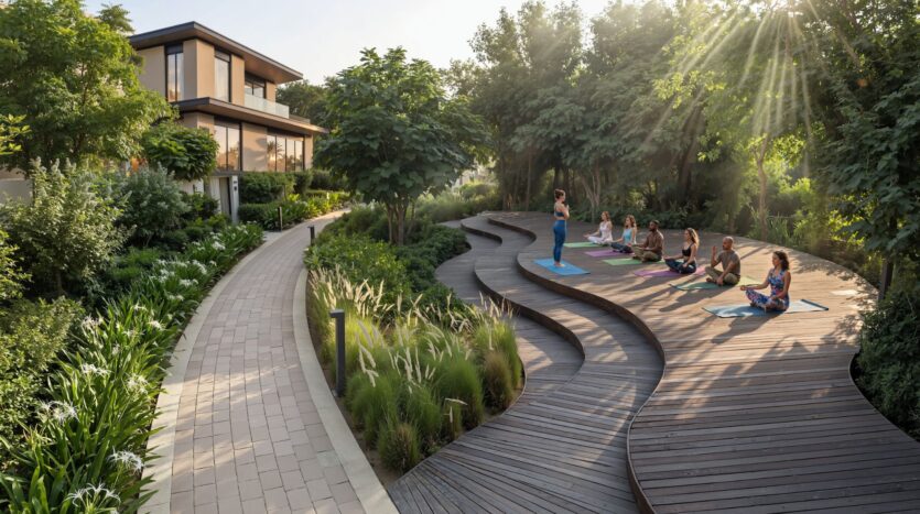 A group of people is practicing yoga on a curved wooden deck at The Terraces by Sobha, surrounded by lush greenery next to a modern house, with sunlight filtering through the trees.