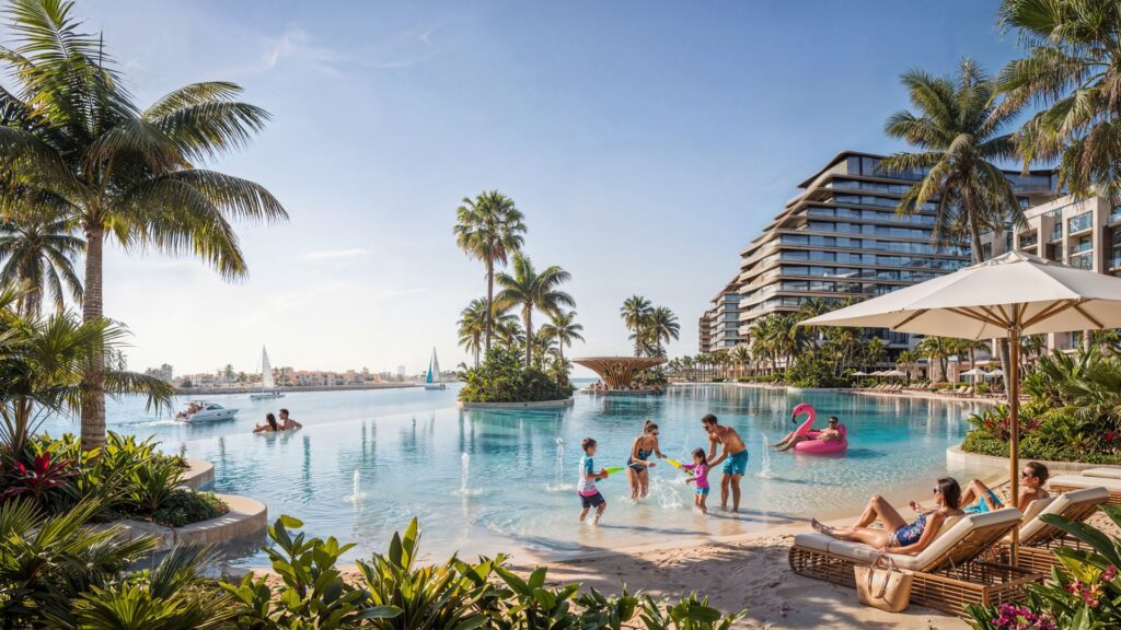 Una scena da località turistica tropicale a The Terraces by Sobha, con persone che si rilassano e giocano a bordo di una grande piscina circondata da palme, sedie a sdraio ed edifici moderni; alcuni nuotano mentre altri si crogiolano sotto gli ombrelloni o si divertono su un materassino a forma di fenicottero rosa.