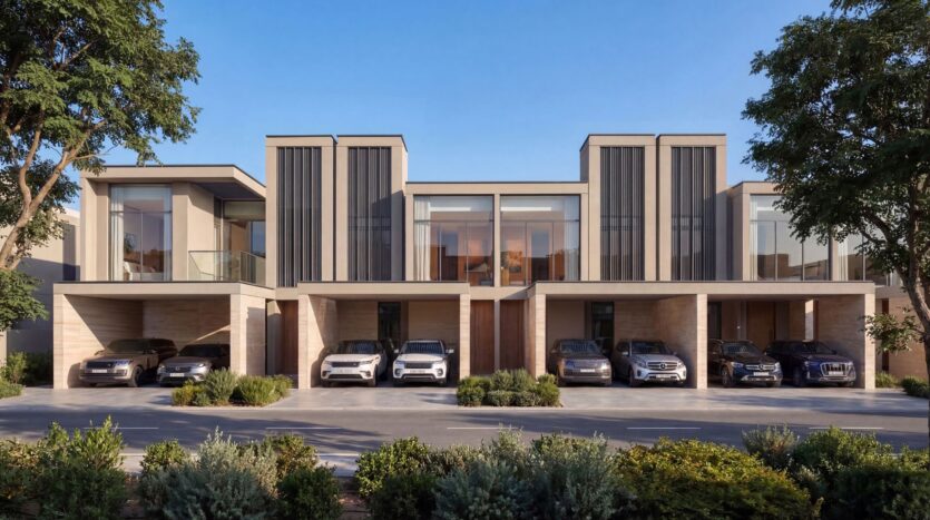 The Terraces by Sobha features a modern complex of two-story townhouses with large windows, vertical panels, and luxury five-car garages, all nestled amid lush greenery and trees under a clear blue sky.