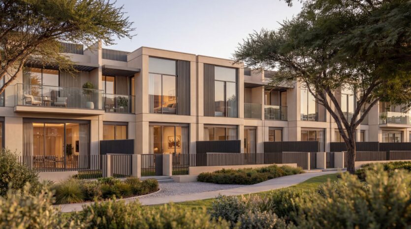 The Terraces by Sobha is a modern complex of two-story townhouses featuring large floor-to-ceiling windows, balconies, and minimalist architecture, surrounded by greenery and trees, with a pedestrian walkway in front of the building.