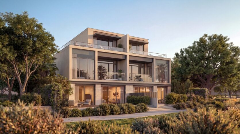 A modern three-story home, part of The Terraces by Sobha, featuring large floor-to-ceiling windows, balconies, and terraces, surrounded by lush greenery and trees under a clear blue sky.