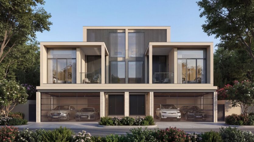 A modern duplex home with large floor-to-ceiling windows and balconies, inspired by Sobha’s The Terraces, featuring two garages with luxury cars parked inside, surrounded by greenery and trees under a clear blue sky.
