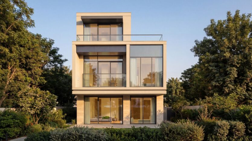 A modern three-story home at The Terraces by Sobha, featuring large floor-to-ceiling windows and balconies, is surrounded by lush trees and shrubs under a clear blue sky.