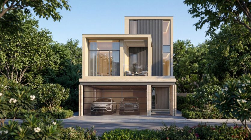 A modern two-story home with large floor-to-ceiling windows, flat roofs, and a double garage that fits two cars—reminiscent of The Terraces by Sobha—surrounded by green trees and shrubs under a clear blue sky.