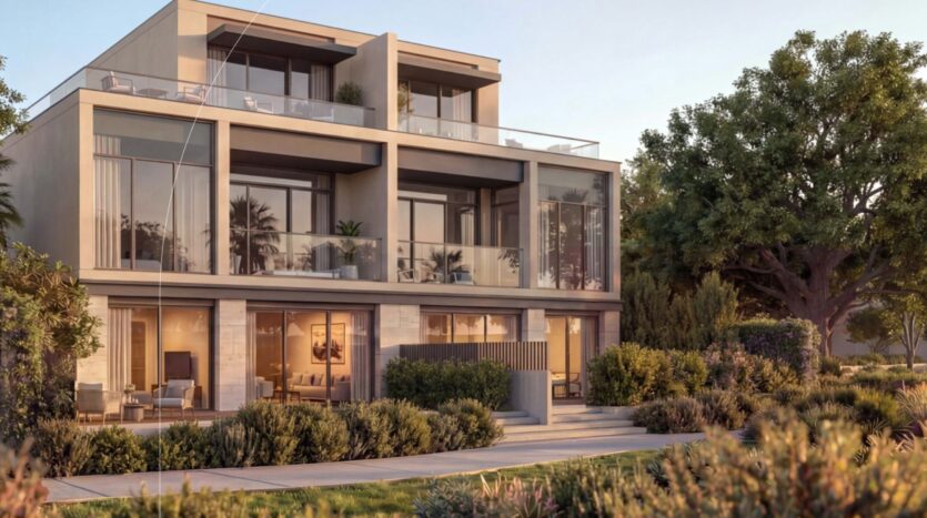 A modern two-story home at The Terraces by Sobha features large floor-to-ceiling windows and balconies, surrounded by lush greenery and bathed in warm sunlight. Clean lines and contemporary design elements define this stunning home.