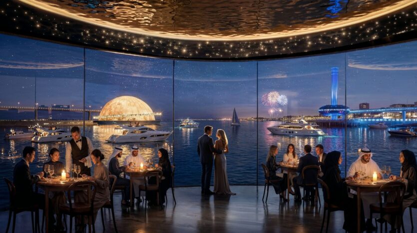 Couples and groups dine by candlelight at The Terraces by Sobha, a luxurious glass-walled restaurant overlooking a harbor filled with yachts, fireworks, and a large dome that glows at night. A couple dances near the window beneath a starry ceiling.