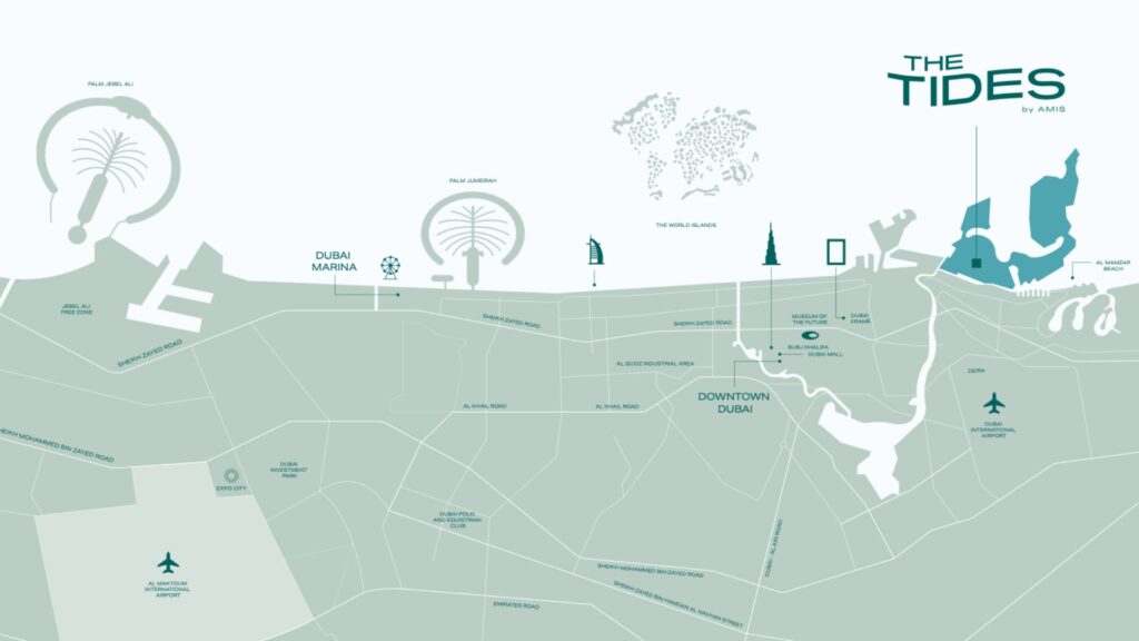 A stylized map of Dubai featuring Palm Jumeirah, The World Islands, Burj Khalifa, Downtown Dubai, Dubai Marina, and two airports. The Tides by Amis logo is displayed in the upper right corner.