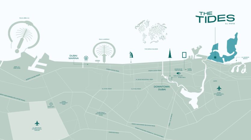 A stylized map of Dubai featuring Palm Jumeirah, The World Islands, Burj Khalifa, Downtown Dubai, Dubai Marina, and two airports. The Tides by Amis logo is displayed in the upper right corner.