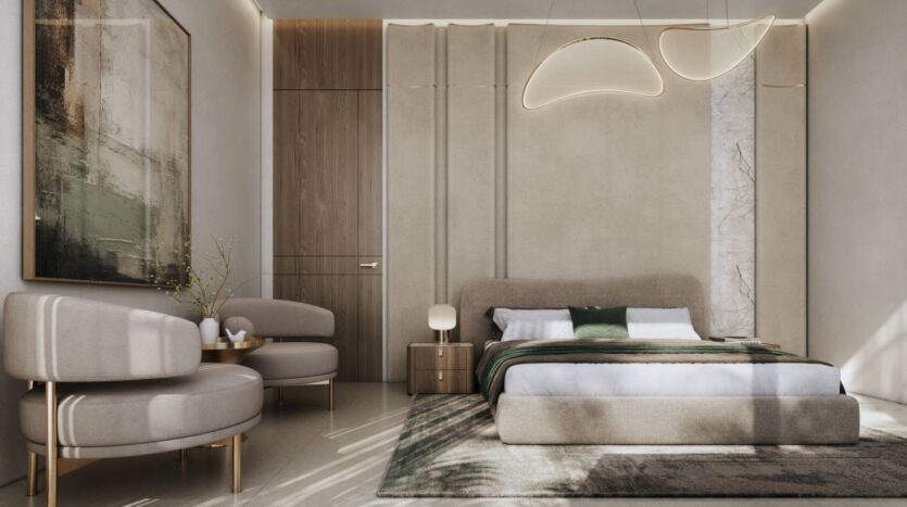 The modern bedroom, decorated in neutral tones, features a low bed with green accents, abstract lighting, minimalist nightstands, lightweight upholstered chairs, and a small table, as well as *The Tides* by Amis, a large abstract painting set against a backdrop of wooden and marble wall details.