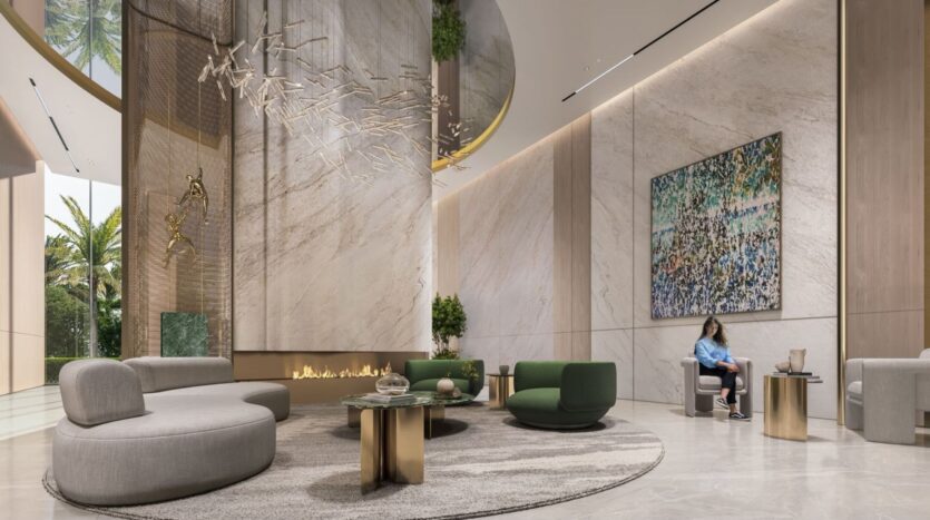 A modern entryway with tall marble walls, an abstract chandelier, circular sofas, green chairs, and gold accents. A large artwork inspired by Amis’s *The Tides* adorns the space. A person is reading on the right. Floor-to-ceiling windows and houseplants bring in light.
