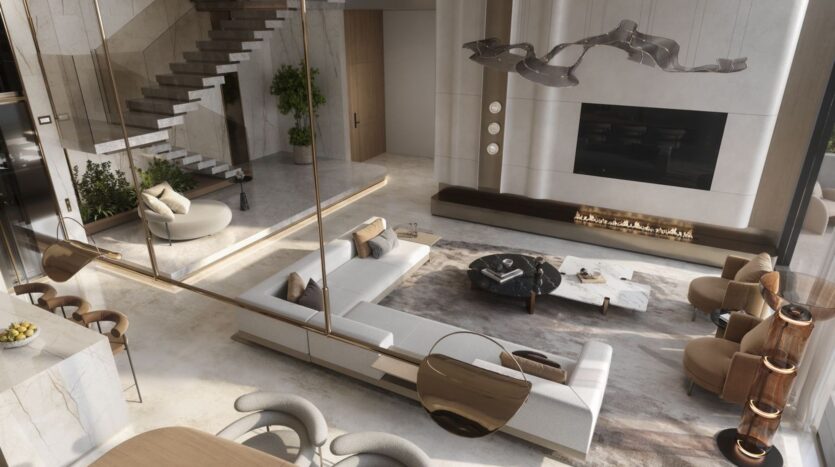 A modern, spacious living room with high ceilings, minimalist decor, a floating staircase, and *The Tides* by Amis displayed above a marble coffee table, featuring a large sectional sofa, armchairs, an elegant fireplace, and abstract lighting in neutral tones.