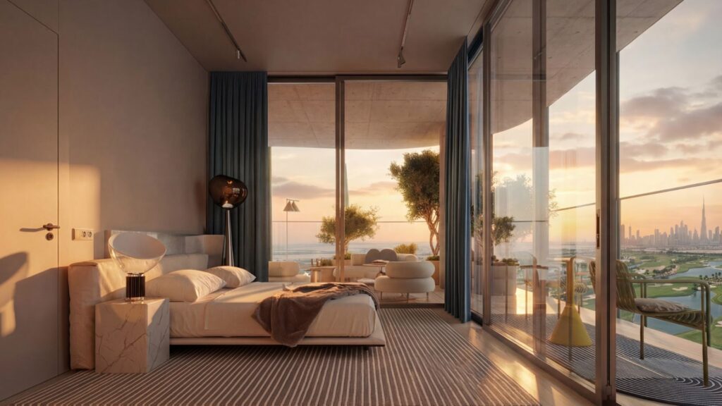 Cette chambre moderne de la Wow Tower est dotée de fenêtres allant du sol au plafond et s'ouvrant sur un balcon offrant une vue imprenable sur la ville au coucher du soleil. La chambre dispose d'un lit, de sièges confortables et d'un décor minimaliste dans des tons neutres.