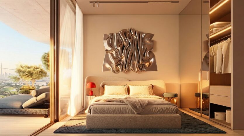 La chambre à coucher moderne de la tour Wow se compose d'un grand lit, d'un tableau mural métallique abstrait au-dessus de la tête de lit, de portes vitrées s'ouvrant sur un balcon avec de la verdure, et d'un dressing à l'éclairage chaleureux sur la droite.