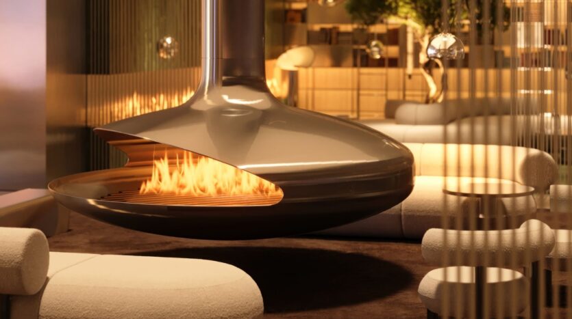 Salon moderne dans la tour Wow avec une cheminée métallique suspendue contenant un feu lumineux. Entouré de canapés contemporains de couleur crème et d'un éclairage chaleureux, l'espace est confortable et accueillant.