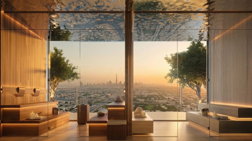 Cette chambre moderne et luxueuse de la Wow Tower, décorée de bois chaleureux et dotée de murs en verre allant du sol au plafond, offre une vue panoramique époustouflante sur la ligne d'horizon de la ville au coucher du soleil, avec des arbres flanquant chaque côté de la fenêtre.