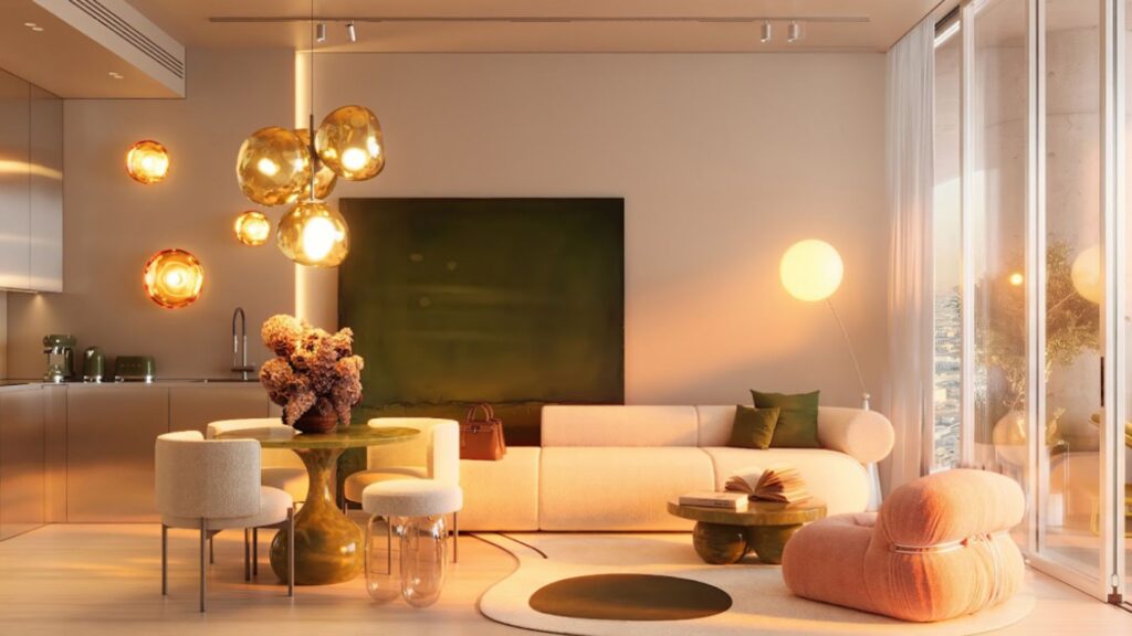 Un salon moderne dans la tour Wow avec un éclairage chaleureux, un canapé beige, une chaise ronde rose, des accents verts, un centre de table floral sur la table à manger, et de grandes fenêtres laissant entrer la lumière naturelle. Un décor contemporain et une atmosphère douce et confortable.