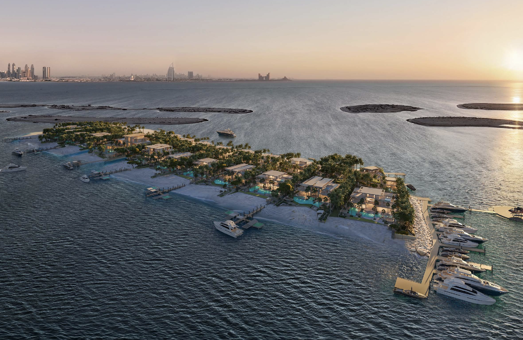 Vue aérienne d'une île luxueuse, bordée de palmiers, avec des villas modernes d'amali properties, des piscines privées et des yachts amarrés à des jetées, entourée d'eau bleue au coucher du soleil ; la silhouette d'une ville est visible à l'arrière-plan.
