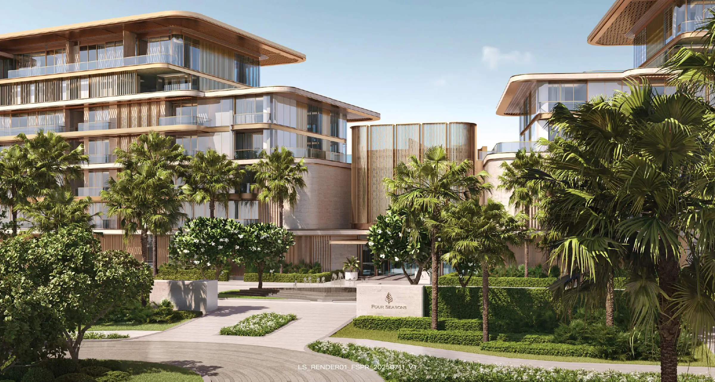 Complexe moderne de luxe construit par Alain Promoteur à Abu Dhabi, entouré de palmiers et de jardins verdoyants, avec un sentier menant à l'entrée. L'architecture présente des balcons en verre et des accents en bois sous un ciel bleu clair.