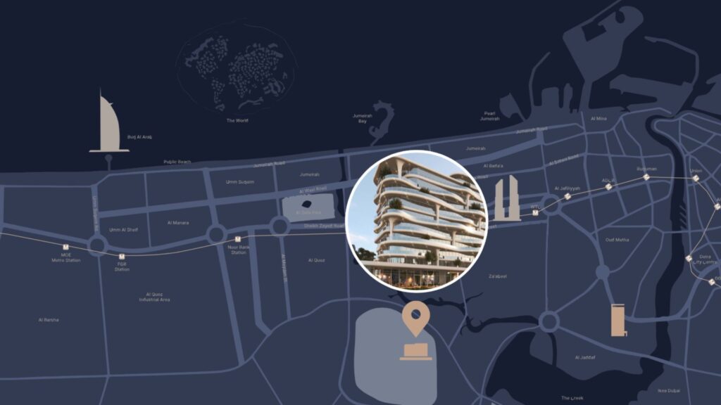 Une carte stylisée de Dubaï met en évidence Coralis avec une épingle et un zoom circulaire montrant un bâtiment moderne au design ondulé ; les points de repère et les routes à proximité sont étiquetés.