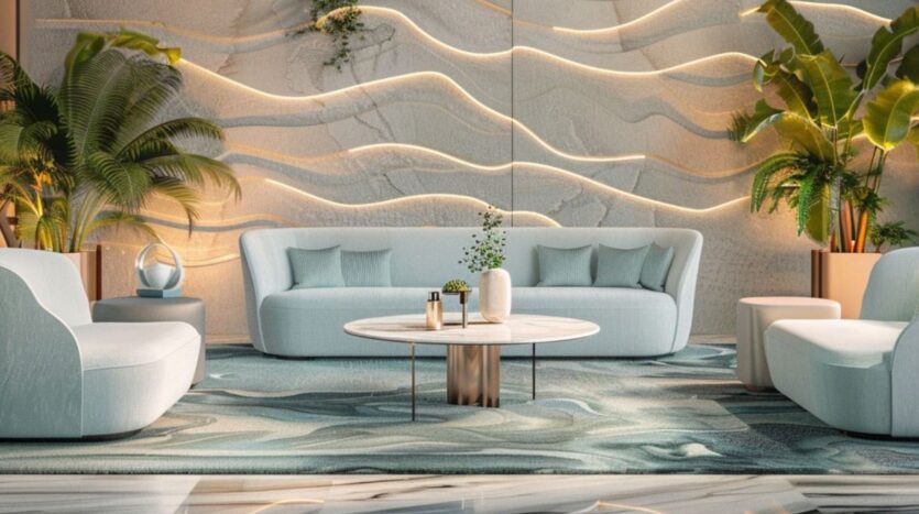 Un salon moderne avec des canapés bleu clair Coralis, une table basse ronde en marbre, des plantes vertes luxuriantes et un éclairage mural ondulé créent une atmosphère sereine et élégante. Le tapis et la décoration sont assortis à la palette de couleurs douces et apaisantes.