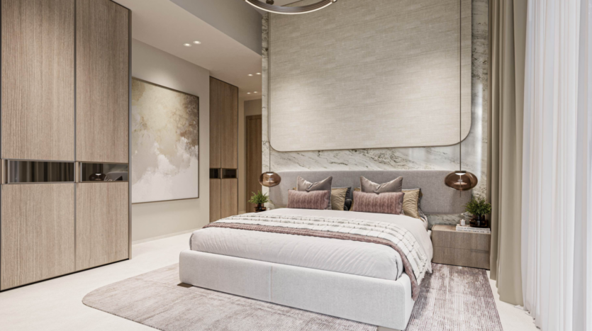 Une chambre à coucher moderne avec un grand lit, des draps neutres, deux oreillers bruns et des tables de chevet avec des plantes. Des lampes suspendues et l'armoire Cybele de Wadan complètent l'art mural abstrait et les rideaux transparents qui laissent entrer la lumière naturelle.