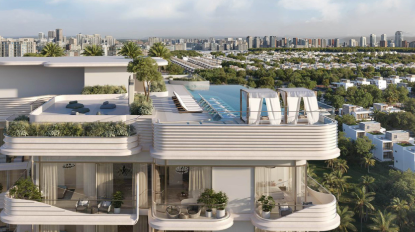 La luxueuse piscine à débordement sur le toit du Cybele by Wadan comprend des cabanas et des chaises longues au sommet d'un gratte-ciel blanc moderne, entouré de verdure et surplombant une ville tentaculaire et un quartier résidentiel au loin.