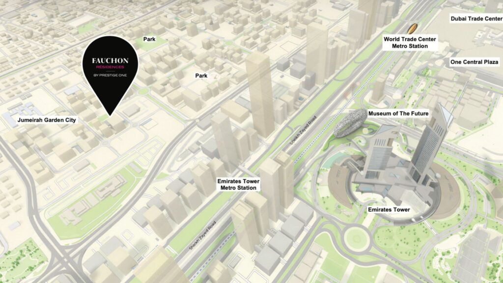 Une carte en 3D met en évidence les lieux de Dubaï, notamment l'Emirates Tower, le Museum of the Future, les stations de métro, la station de métro World Trade Center, le Dubai Trade Center, Jumeirah Garden City, les parcs et la résidence Fauchon.
