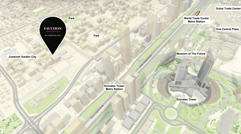 Une carte en 3D met en évidence les lieux de Dubaï, notamment l'Emirates Tower, le Museum of the Future, les stations de métro, la station de métro World Trade Center, le Dubai Trade Center, Jumeirah Garden City, les parcs et la résidence Fauchon.