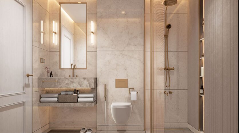 La salle de bains moderne de la résidence Fauchon présente des murs en marbre, un grand miroir au-dessus d'un lavabo flottant, des toilettes murales, une douche en verre avec des accessoires en or, une étagère à serviettes et un éclairage d'ambiance doux.