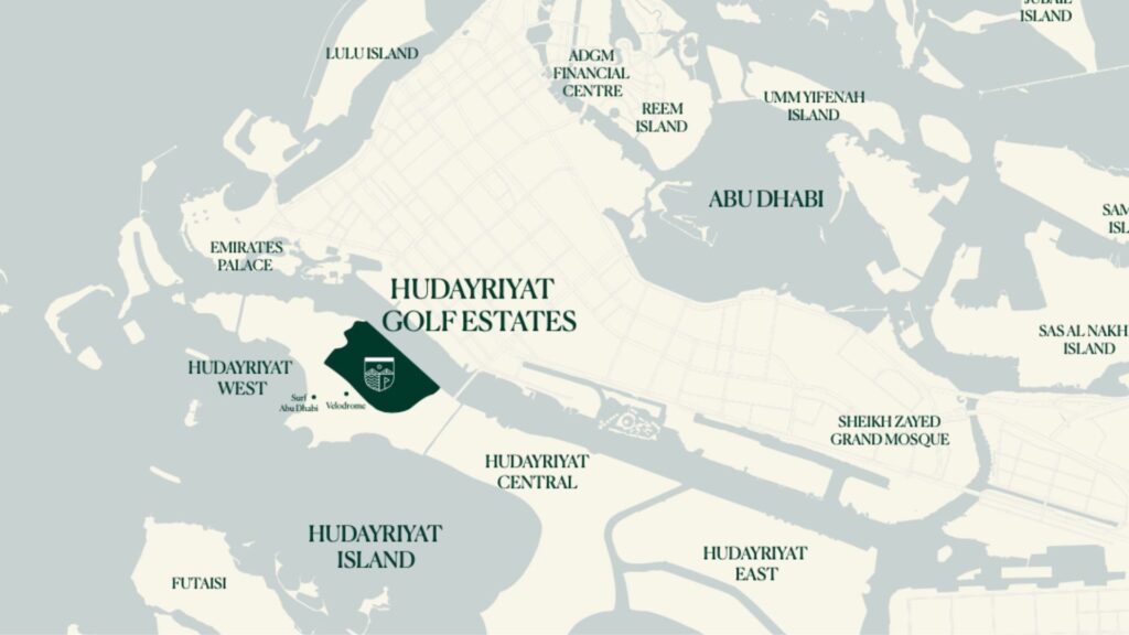 Carte mettant en évidence Hudayriyat Golf Estates sur l'île de Hudayriyat près d'Abu Dhabi, avec des points de repère à proximité tels que l'île de Lulu, le palais des Émirats, le centre financier ADGM et la grande mosquée Sheikh Zayed.